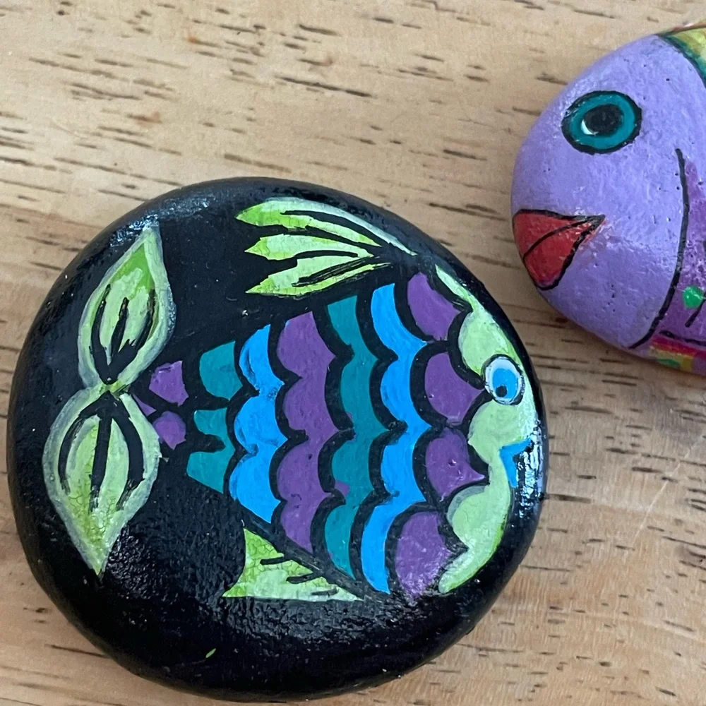 Hand crafted painted fish rocks set of 2 blue purple black yellow dots 2x2 inch